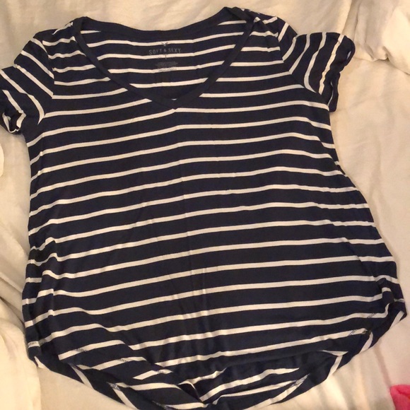 Blue and White Striped Vneck Soft & Sexy T-shirt - Picture 2 of 6